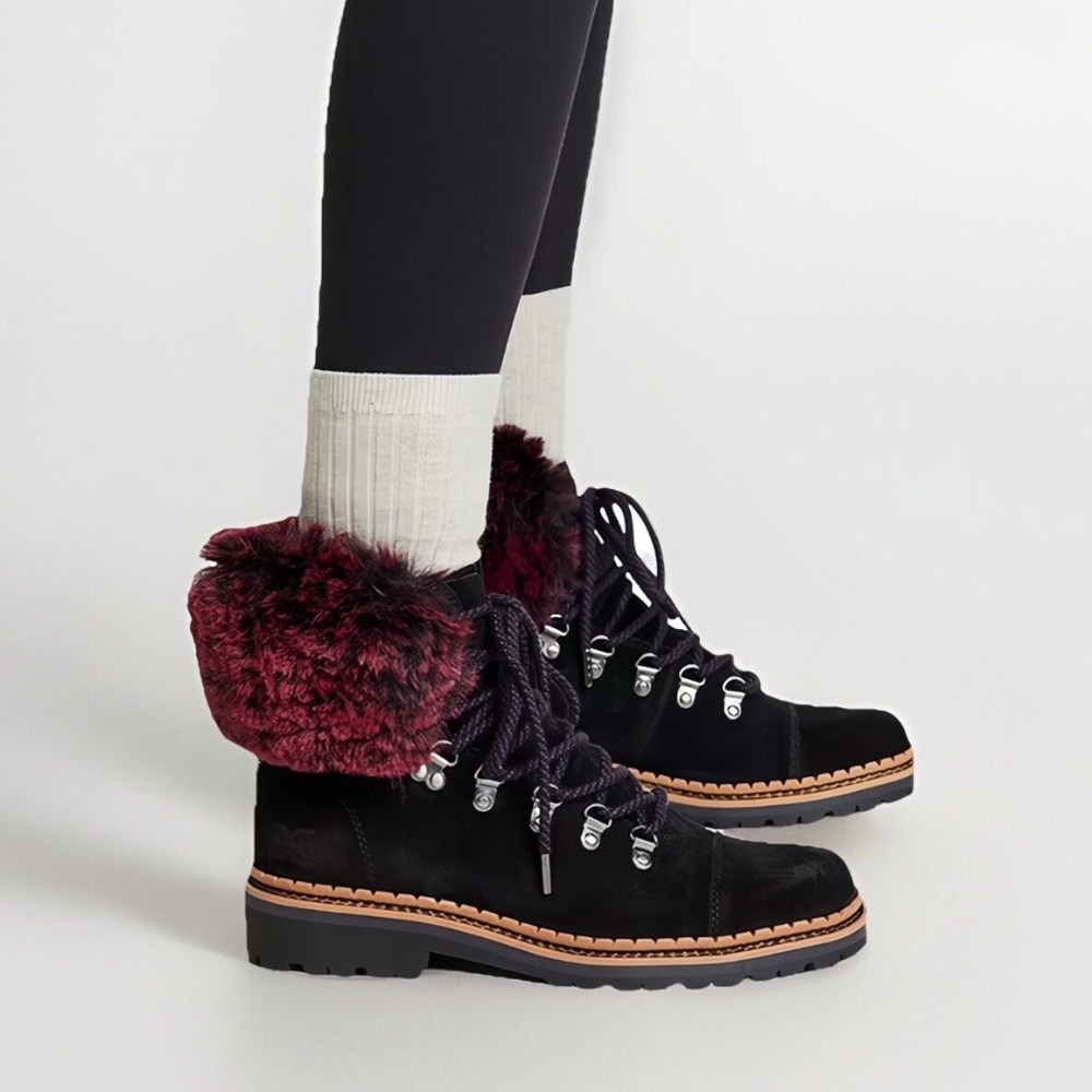 Sam Edelman Suede Black Lace-Up Boots With Red/Black Faux Fur